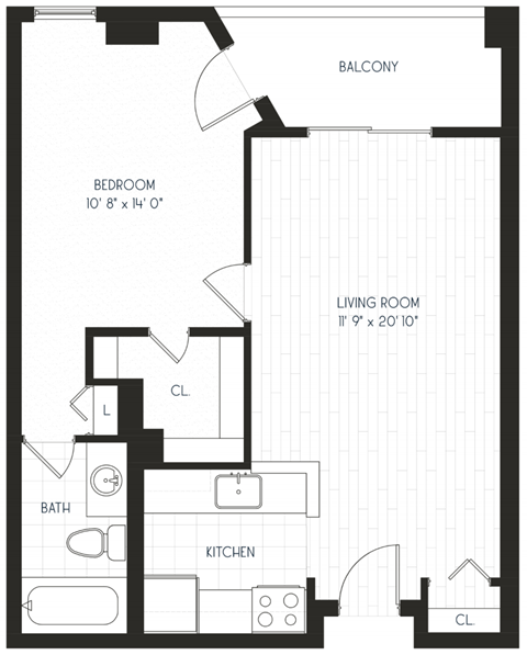 Floor plan for 1 bed, 1 bath, 629 sqft